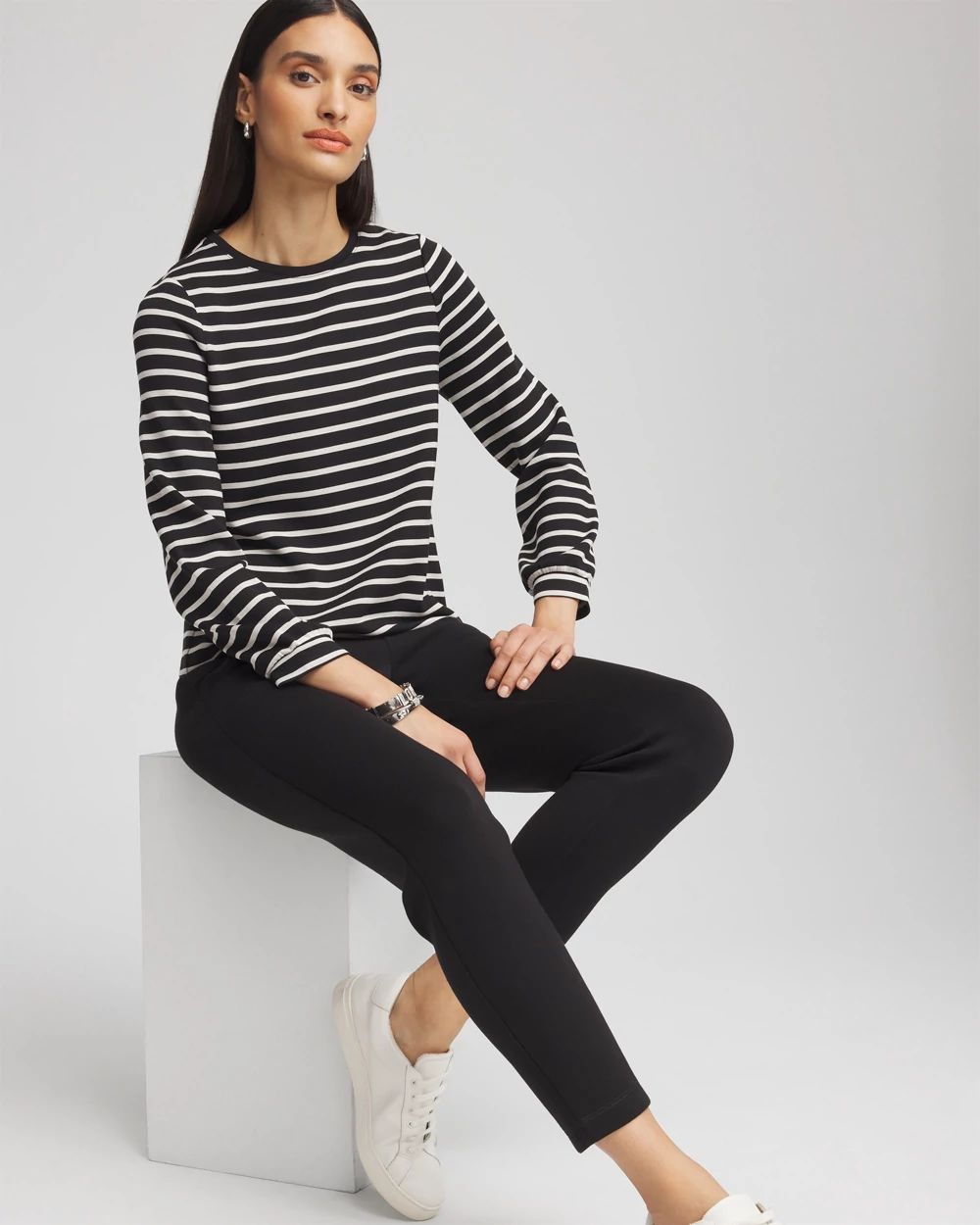 トップス Chio CAMBIO(カンビオ)】Silky Stripe Denim Band Collar Skipper 3-4